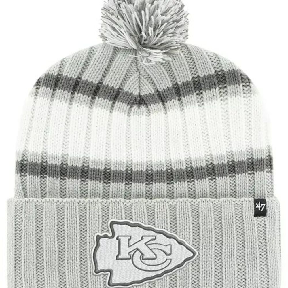'47 Kansas City Chiefs Pom Knit Plateau Gray Cuff Beanie Hat OSFM